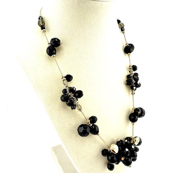 20” Tanner Gold Tone Black Smoky Gray Chacha Cluster Crystal Beaded Necklace - Picture 3 of 6
